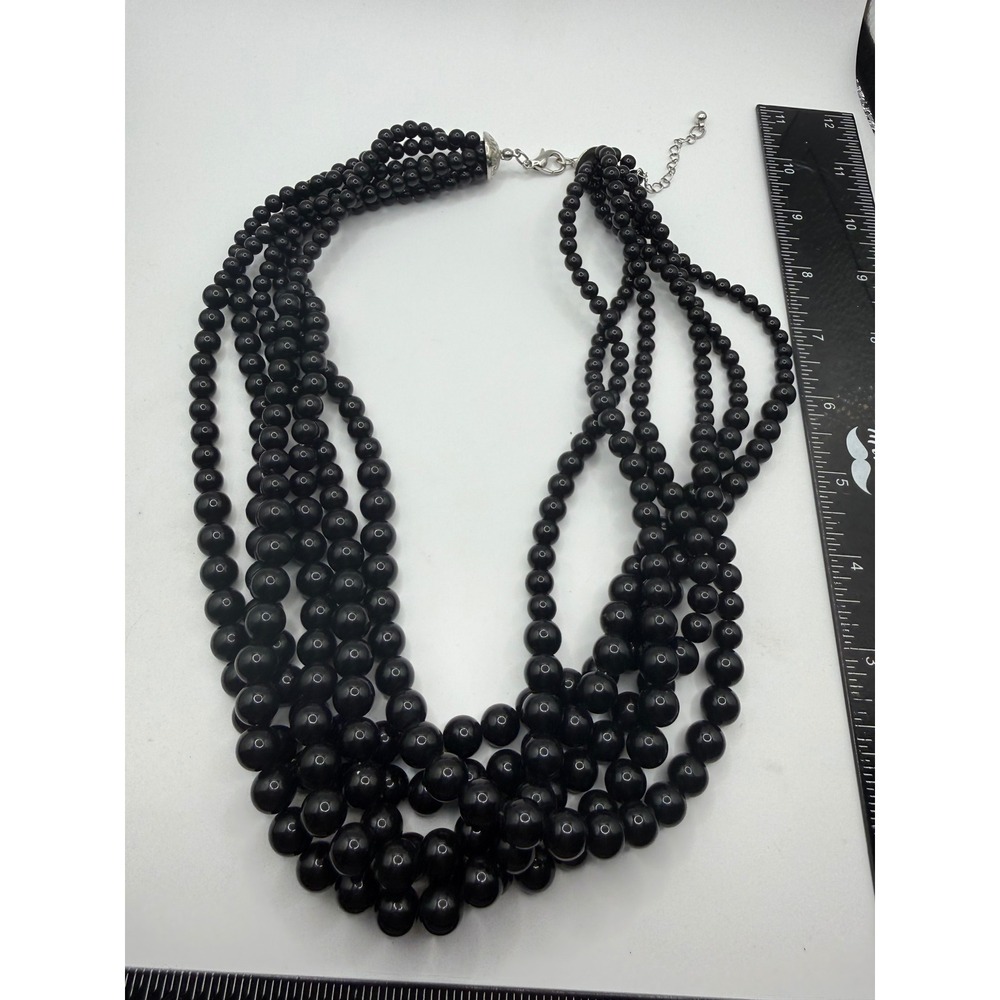 Vintage Black Multi Strand Beaded Statement Necklace Silver Tone Clasp 22 Inch